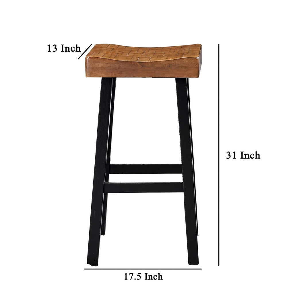 Bianca Barstool Set of 2, Light Brown Saddle Seat, Black Solid Wood