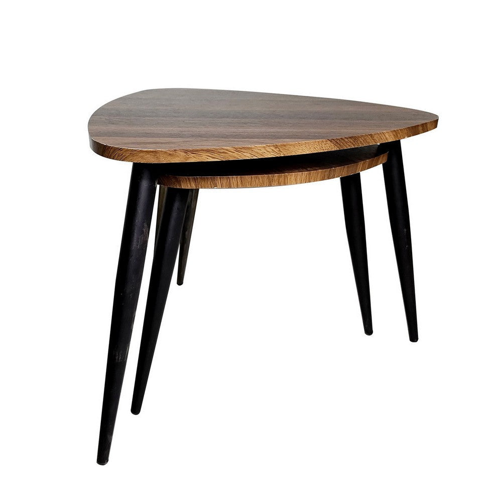 Clovia Nesting Table, Set of 2, Triangular Brown Solid Wood, Black Metal