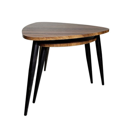 Clovia Nesting Table, Set of 2, Triangular Brown Solid Wood, Black Metal