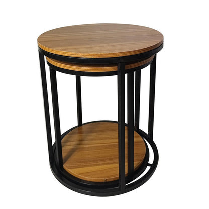 Molly Nesting Table Set of 2, Round Brown Solid Wood Top, Black Metal Frame