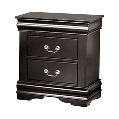 Ryla Nightstand, 2 Drawers, Black Solid Wood, Nickel Metal Drop Handles