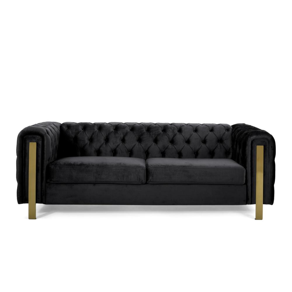 Nua Sofa, Chesterfield Tufted Black Velvet, 84 Inch, Modern Gold Legs