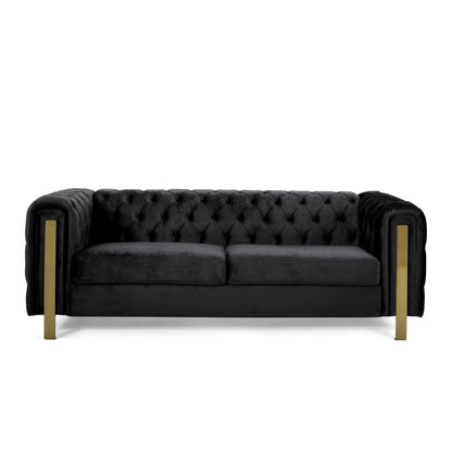 Nua Sofa, Chesterfield Tufted Black Velvet, 84 Inch, Modern Gold Legs