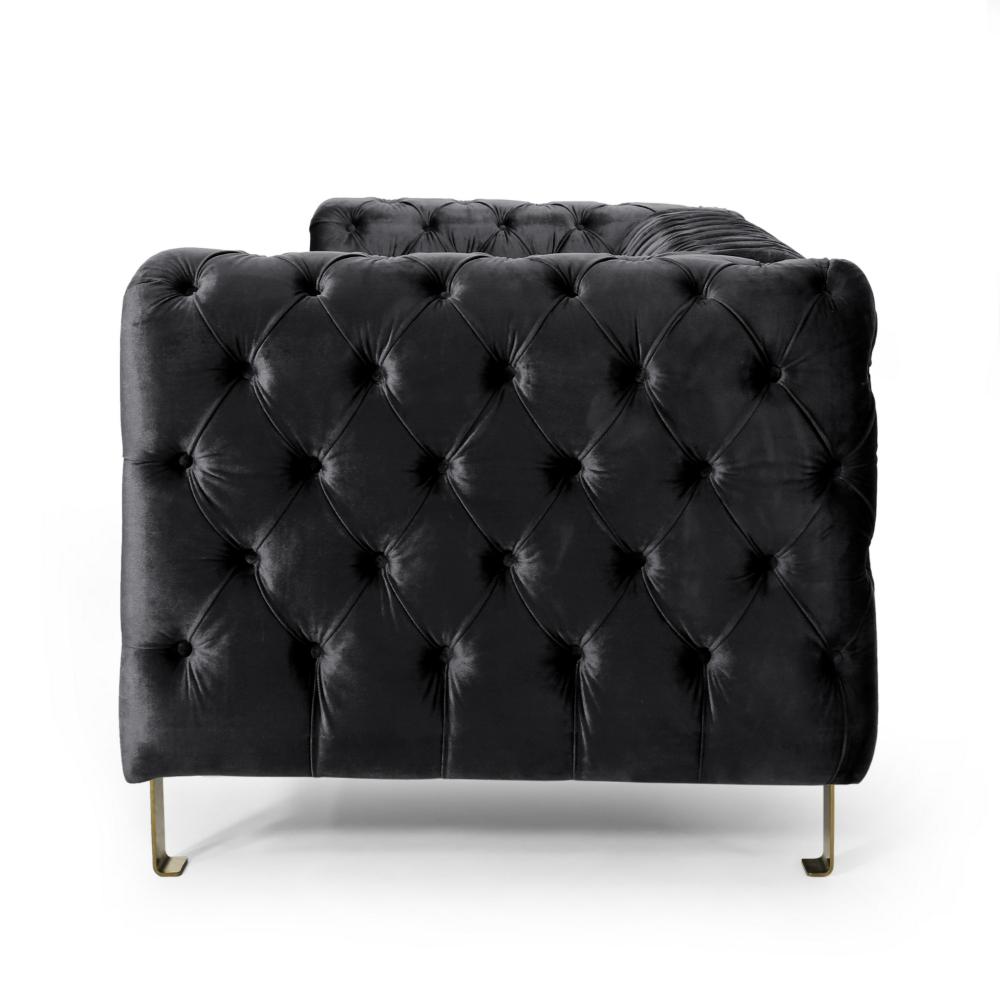 Nua Sofa, Chesterfield Tufted Black Velvet, 84 Inch, Modern Gold Legs