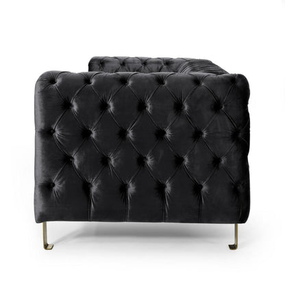 Nua Sofa, Chesterfield Tufted Black Velvet, 84 Inch, Modern Gold Legs