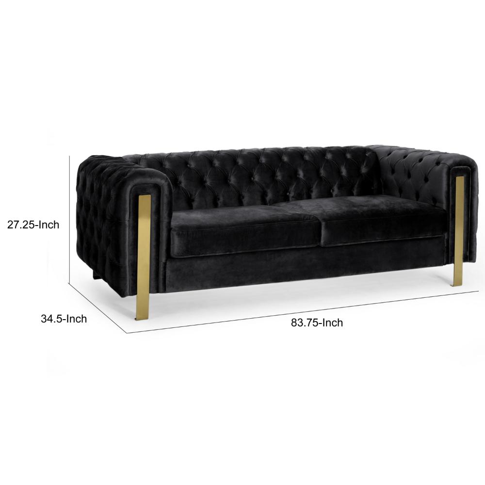 Nua Sofa, Chesterfield Tufted Black Velvet, 84 Inch, Modern Gold Legs