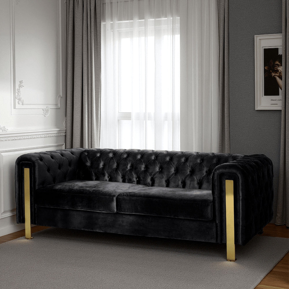 Nua Sofa, Chesterfield Tufted Black Velvet, 84 Inch, Modern Gold Legs