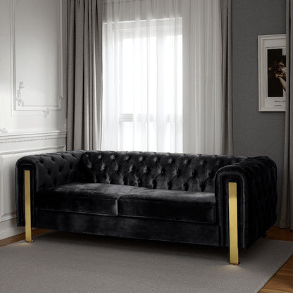 Nua Sofa, Chesterfield Tufted Black Velvet, 84 Inch, Modern Gold Legs