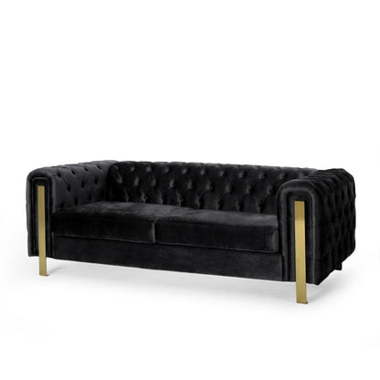 Nua Sofa, Chesterfield Tufted Black Velvet, 84 Inch, Modern Gold Legs