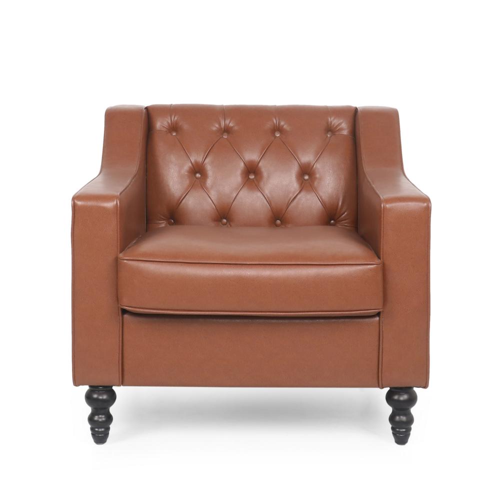 Accent Club Chair, Button Tufted, Diamond Stitch Light Brown Faux Leather