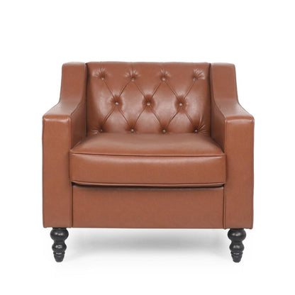 Accent Club Chair, Button Tufted, Diamond Stitch Light Brown Faux Leather