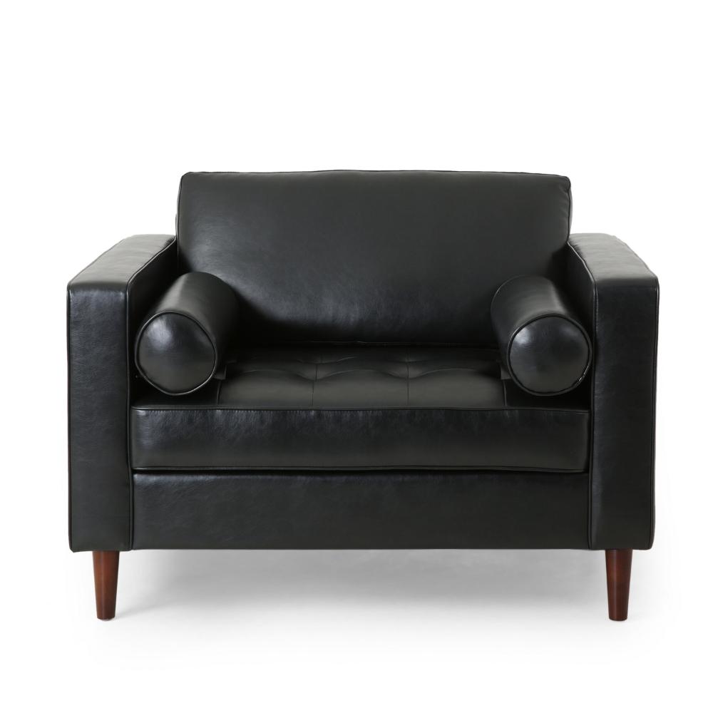 Accent Club Chair, 45 Inch Padded Seat, Birch Wood Legs, Black Faux Leather