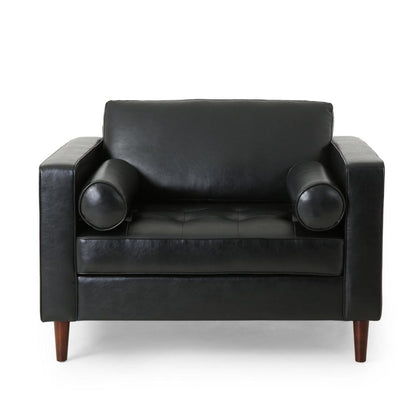 Accent Club Chair, 45 Inch Padded Seat, Birch Wood Legs, Black Faux Leather