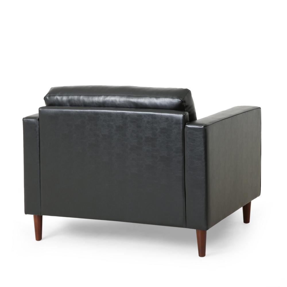Accent Club Chair, 45 Inch Padded Seat, Birch Wood Legs, Black Faux Leather