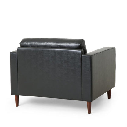 Accent Club Chair, 45 Inch Padded Seat, Birch Wood Legs, Black Faux Leather