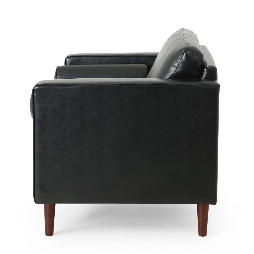 Accent Club Chair, 45 Inch Padded Seat, Birch Wood Legs, Black Faux Leather