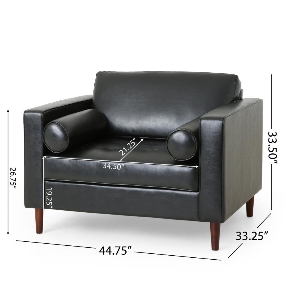 Accent Club Chair, 45 Inch Padded Seat, Birch Wood Legs, Black Faux Leather