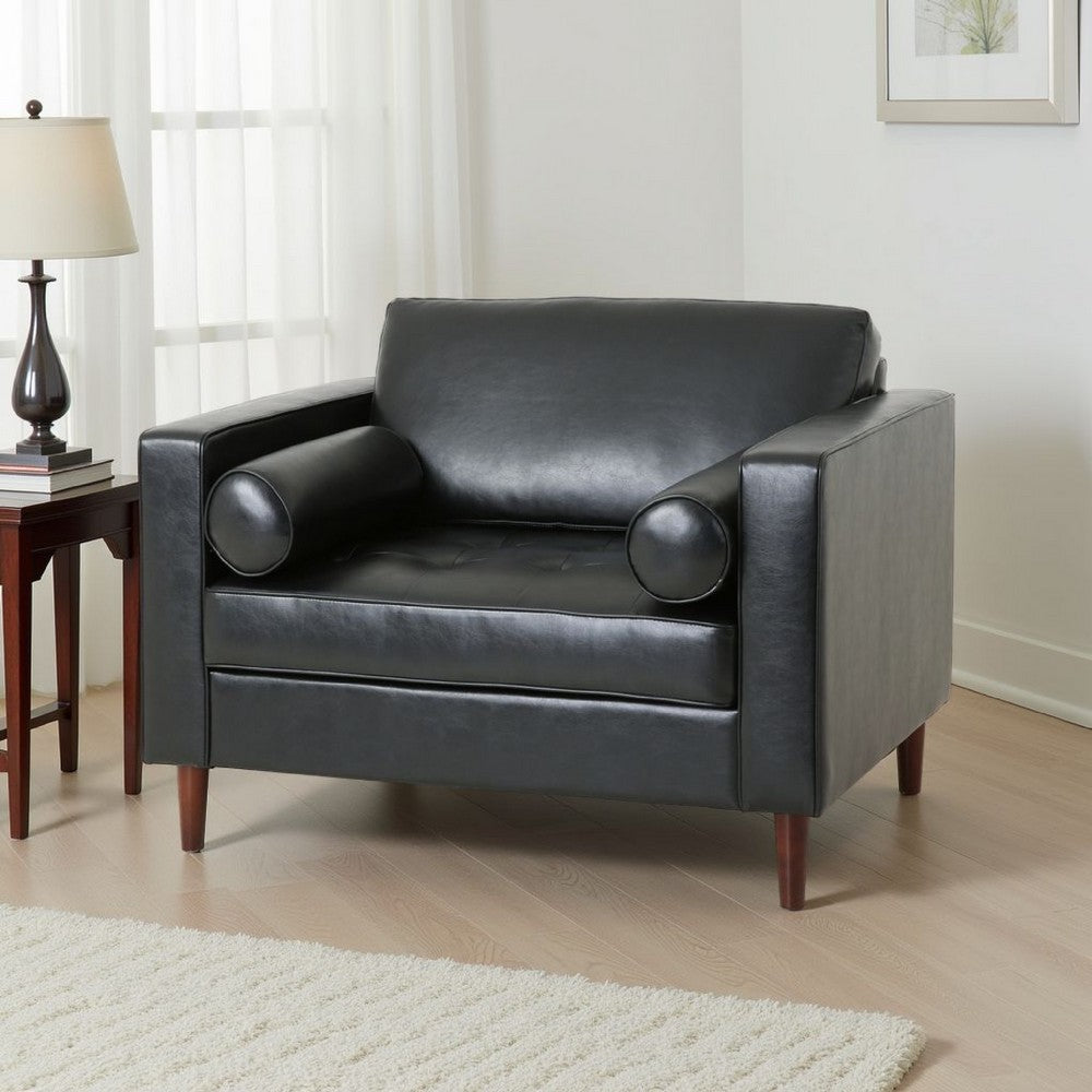 Accent Club Chair, 45 Inch Padded Seat, Birch Wood Legs, Black Faux Leather