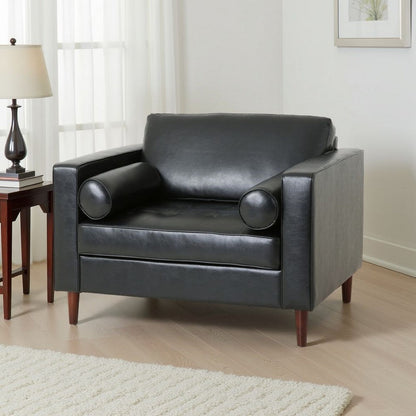 Accent Club Chair, 45 Inch Padded Seat, Birch Wood Legs, Black Faux Leather