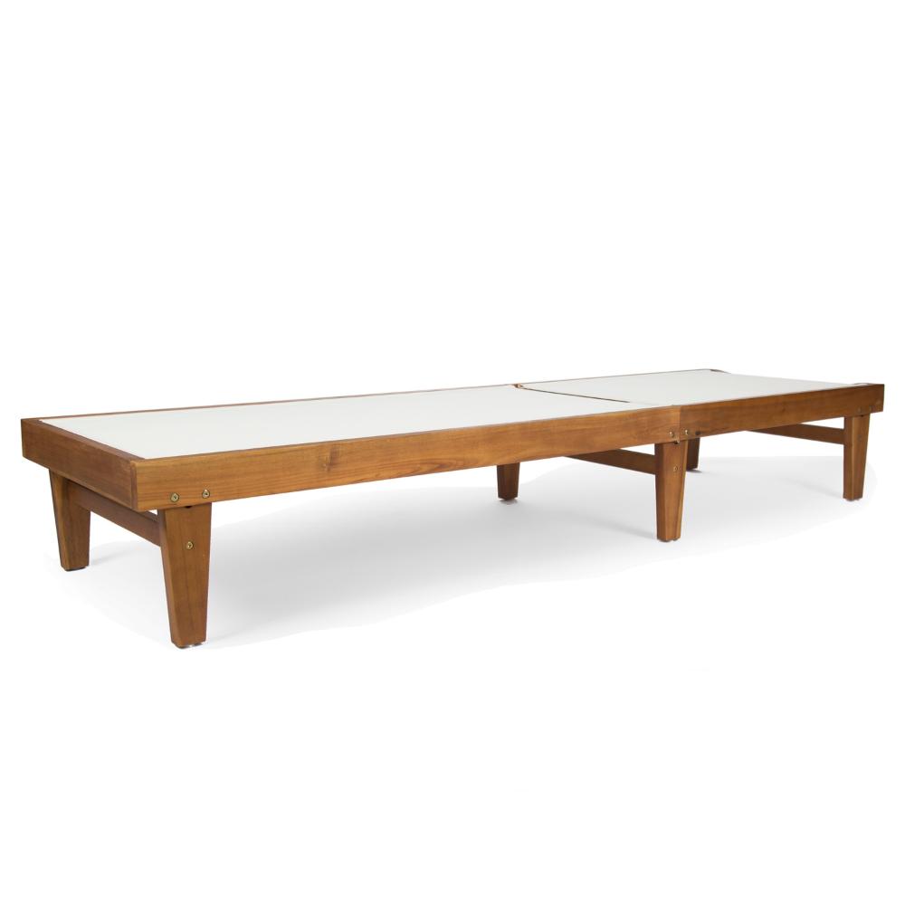 Liam Outdoor Chaise Lounger, Ergonomic White Mesh Seat, Brown Acacia Wood