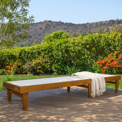 Liam Outdoor Chaise Lounger, Ergonomic White Mesh Seat, Brown Acacia Wood