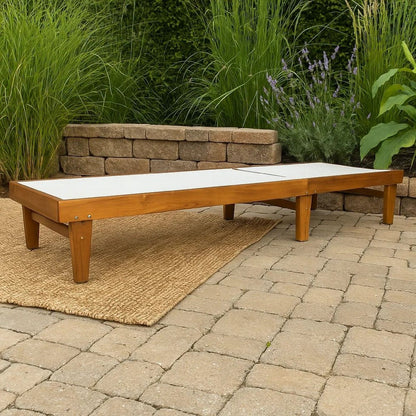 Liam Outdoor Chaise Lounger, Ergonomic White Mesh Seat, Brown Acacia Wood