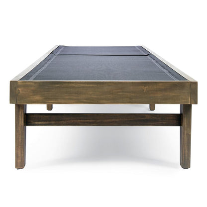 Liam Outdoor Chaise Lounger, 78 Inch Mesh Seat, Dark Gray Acacia Wood Frame