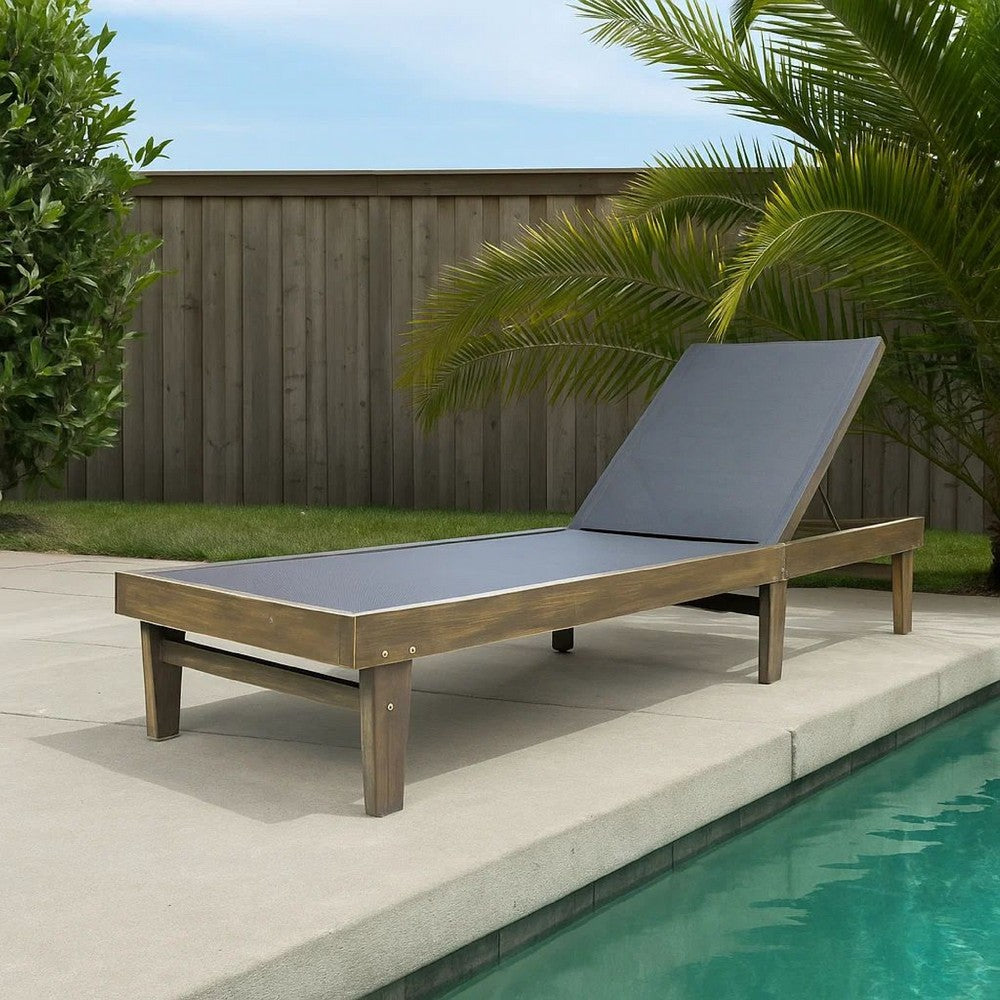 Liam Outdoor Chaise Lounger, 78 Inch Mesh Seat, Dark Gray Acacia Wood Frame