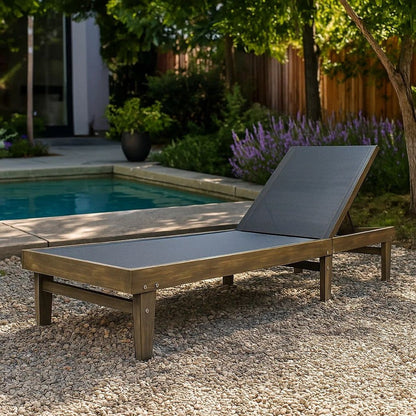 Liam Outdoor Chaise Lounger, 78 Inch Mesh Seat, Dark Gray Acacia Wood Frame