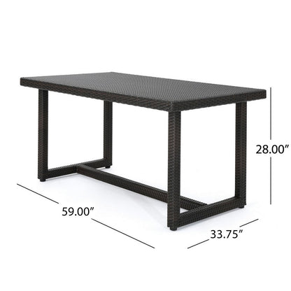 Sanie Outdoor Dining Table, 59 Inch Top, Iron Frame, Brown Resin Wicker