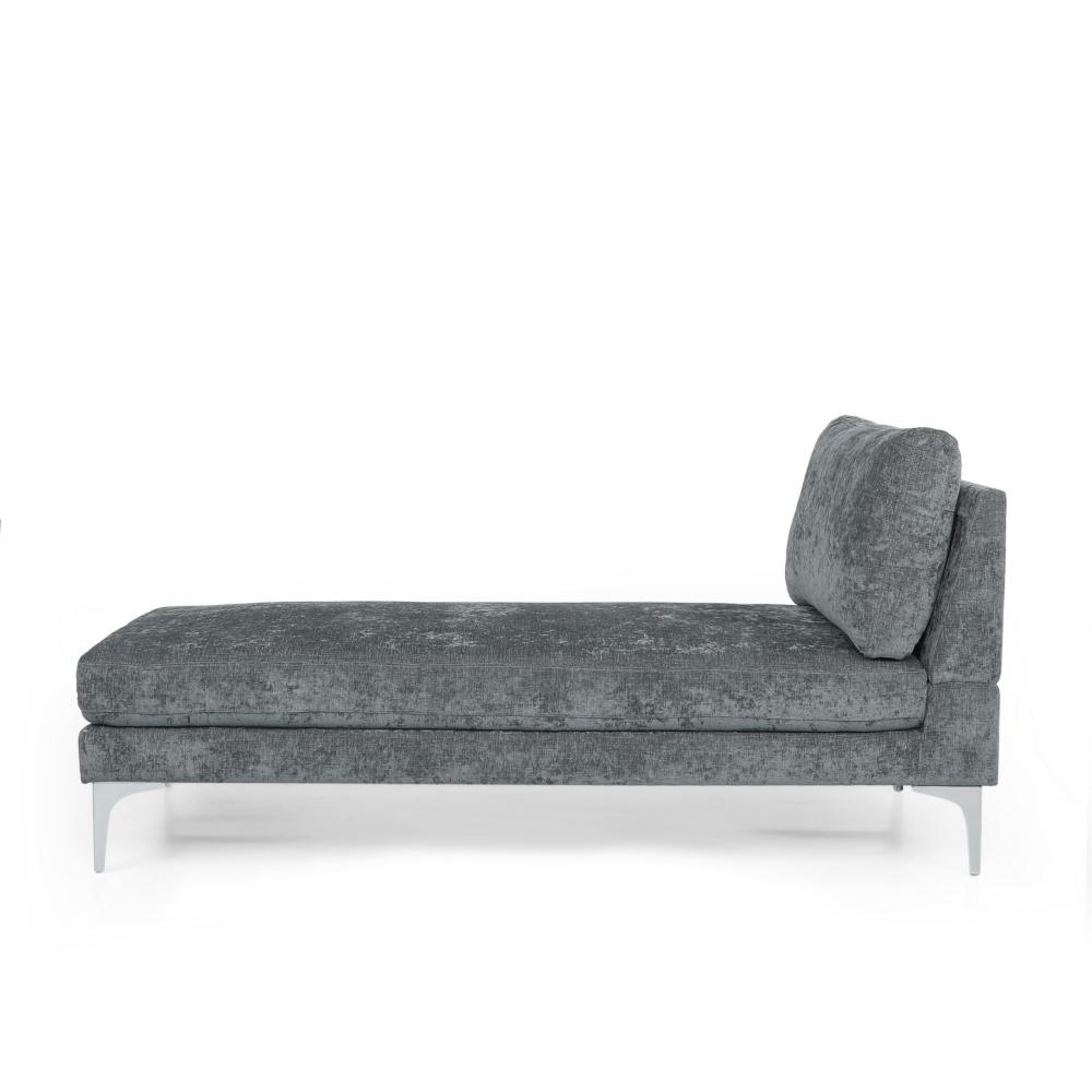 Yeni Chaise Lounger, 66 Inch, Modern Bracket Iron Legs, Soft Gray Fabric