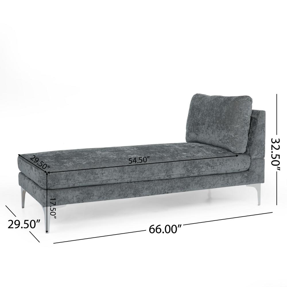 Yeni Chaise Lounger, 66 Inch, Modern Bracket Iron Legs, Soft Gray Fabric