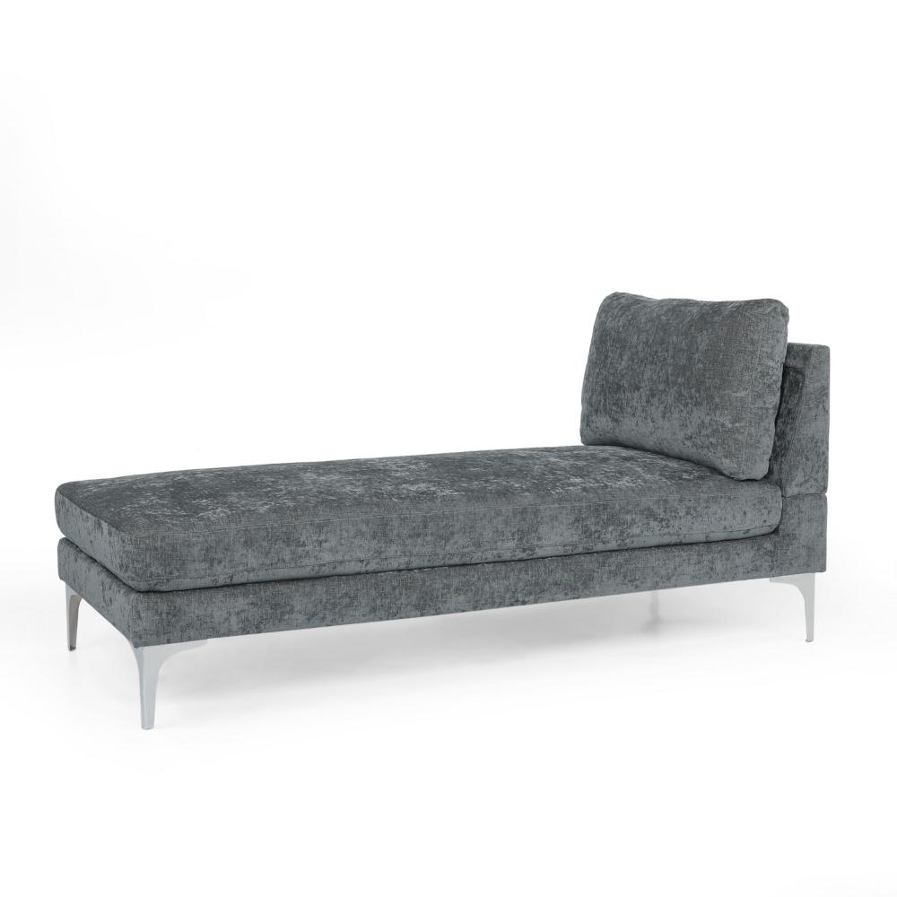Yeni Chaise Lounger, 66 Inch, Modern Bracket Iron Legs, Soft Gray Fabric