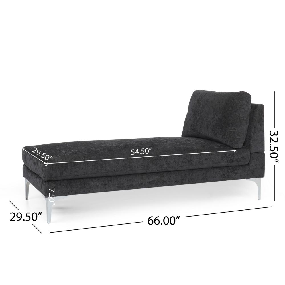Yeni Chaise Lounge, 66 Inch, Modern Bracket Iron Legs, Soft Black Fabric