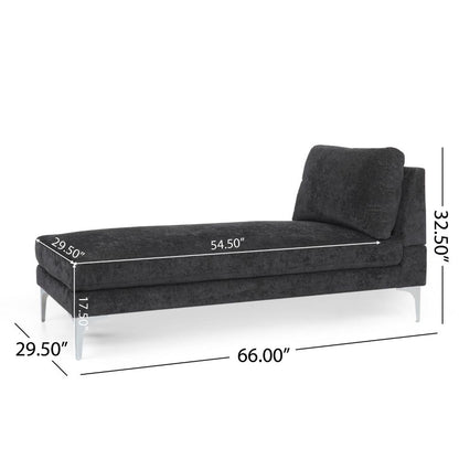 Yeni Chaise Lounge, 66 Inch, Modern Bracket Iron Legs, Soft Black Fabric