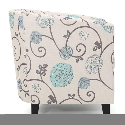 Accent Club Chair, Round Arms, Cream Blue Fabric Floral Details, Birch Wood