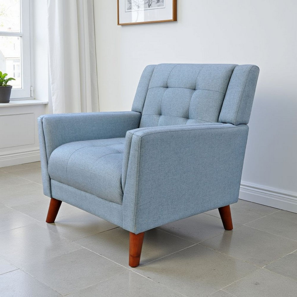 Accent Armchair, Tufted Back and Flared Arms, Birch Wood, Blue Polyester