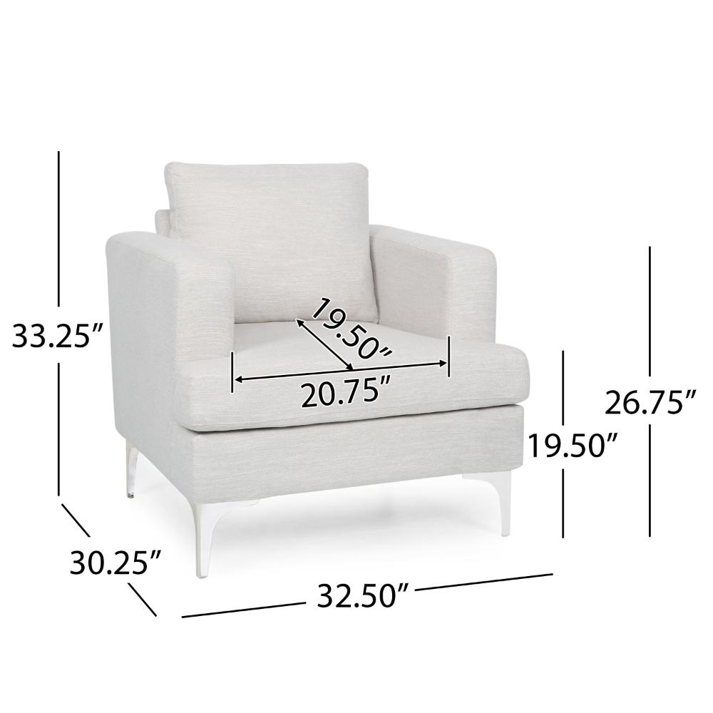 Accent Club Chair, Padded Back and Seat, Modern Silver Legs, Beige Fabric
