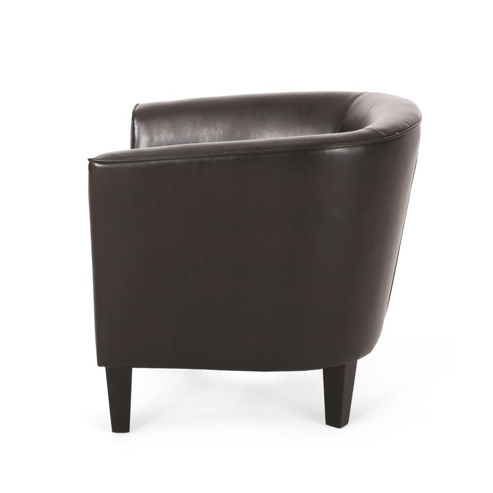 Accent Club Chair, Curved Round Back, Birch Wood, Rich Brown Faux Leather