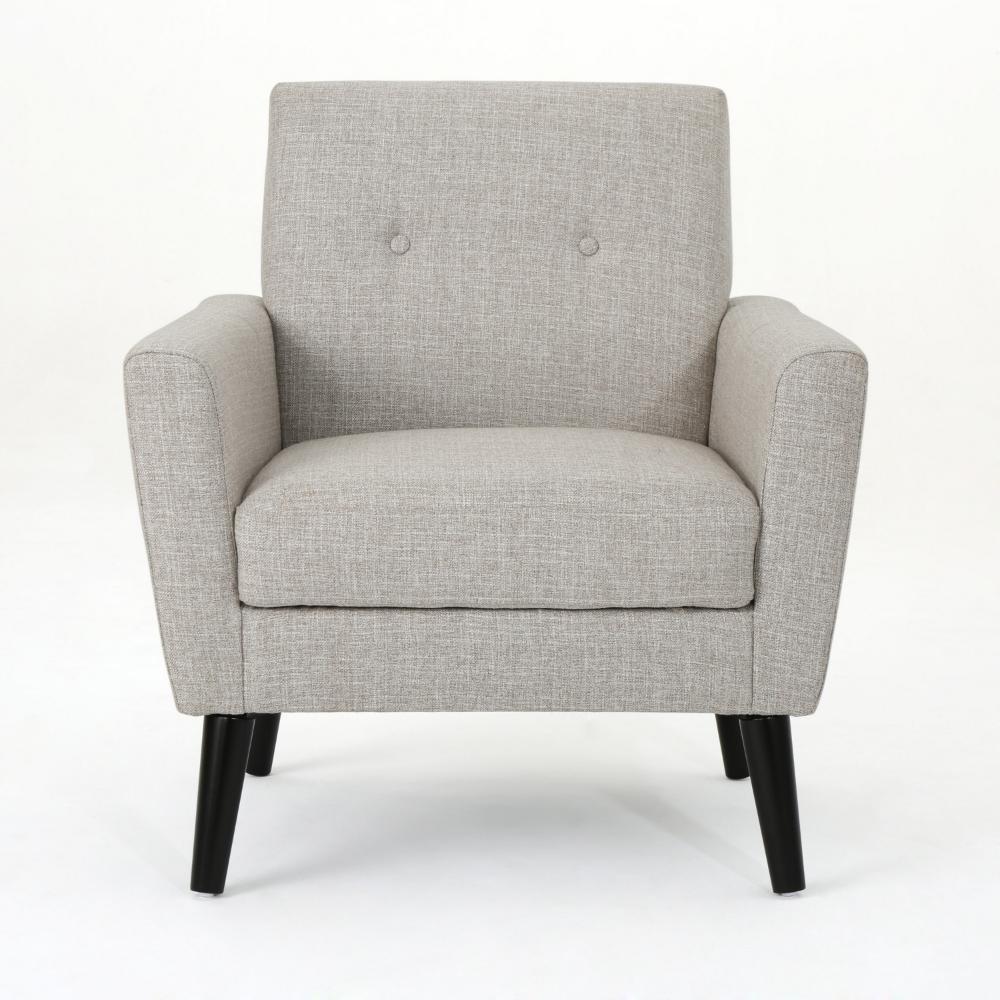 Accent Club Chair, Nailhead Trim Scrolled Arms, Birch Wood and Beige Fabric