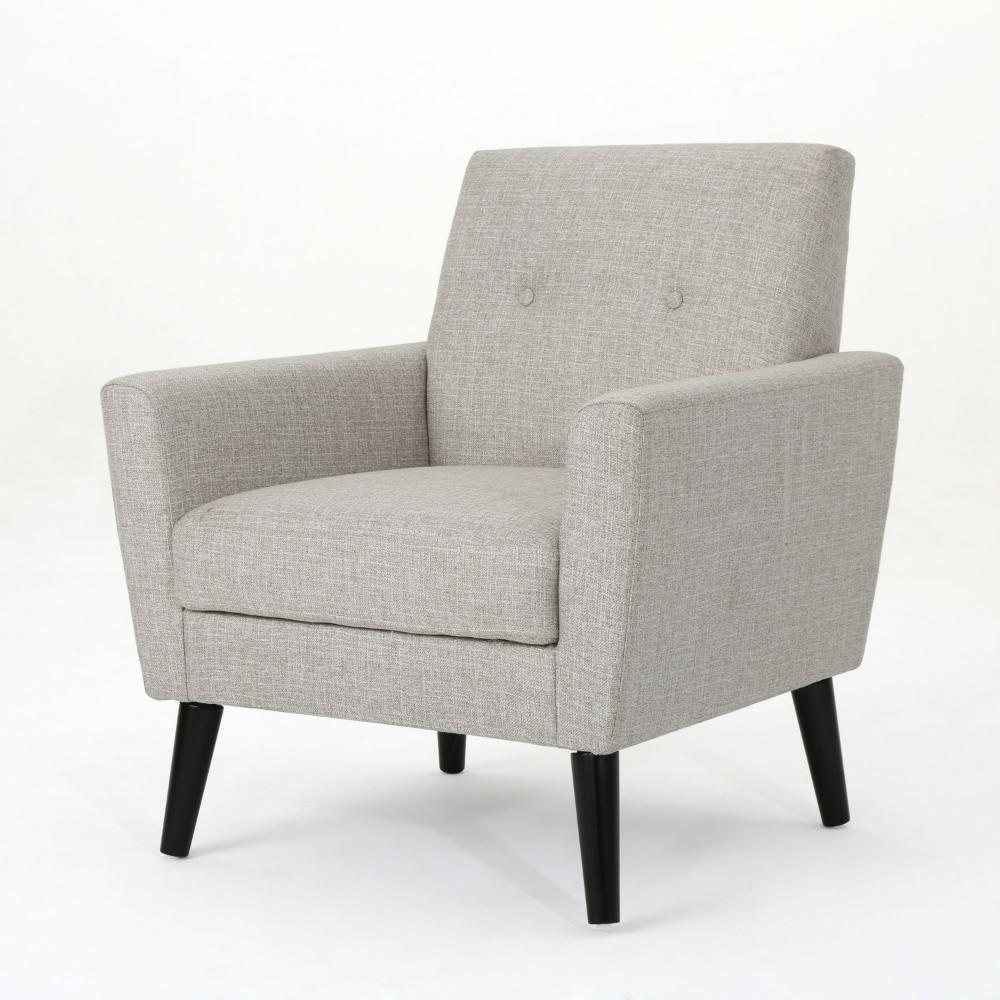 Accent Club Chair, Nailhead Trim Scrolled Arms, Birch Wood and Beige Fabric
