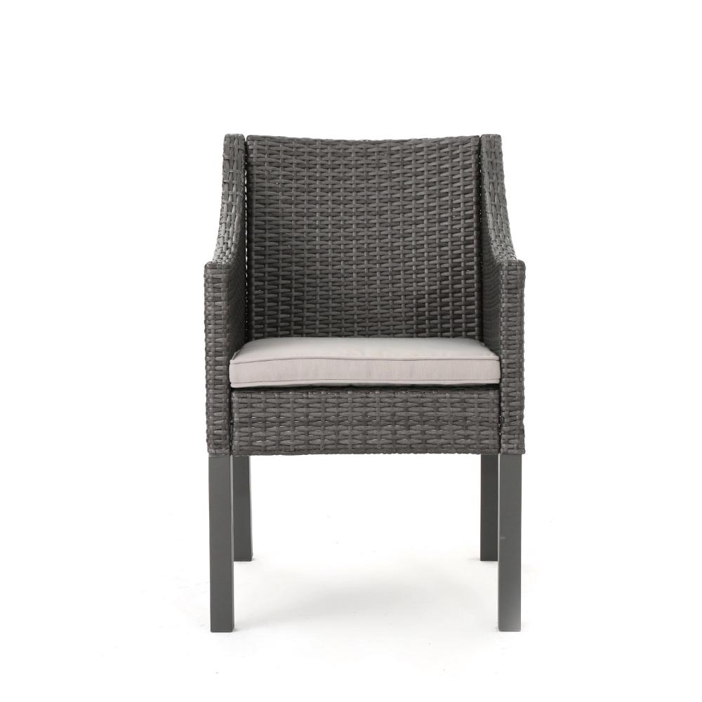 Outdoor Dining Chair, Sloped Arms, Waterproof Rattan, Gray and Silver