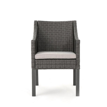 Outdoor Dining Chair, Sloped Arms, Waterproof Rattan, Gray and Silver
