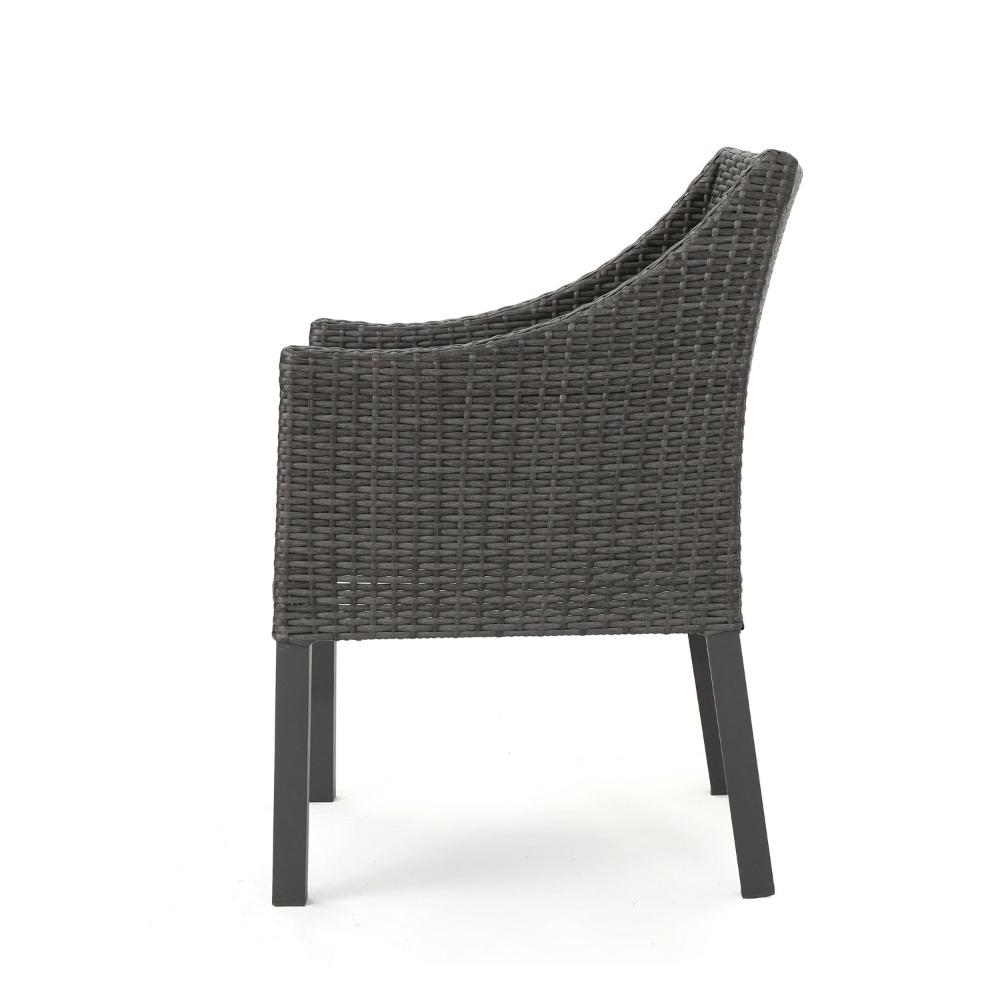 Outdoor Dining Chair, Sloped Arms, Waterproof Rattan, Gray and Silver