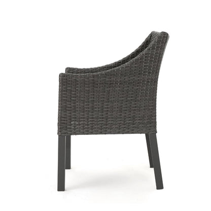 Outdoor Dining Chair, Sloped Arms, Waterproof Rattan, Gray and Silver