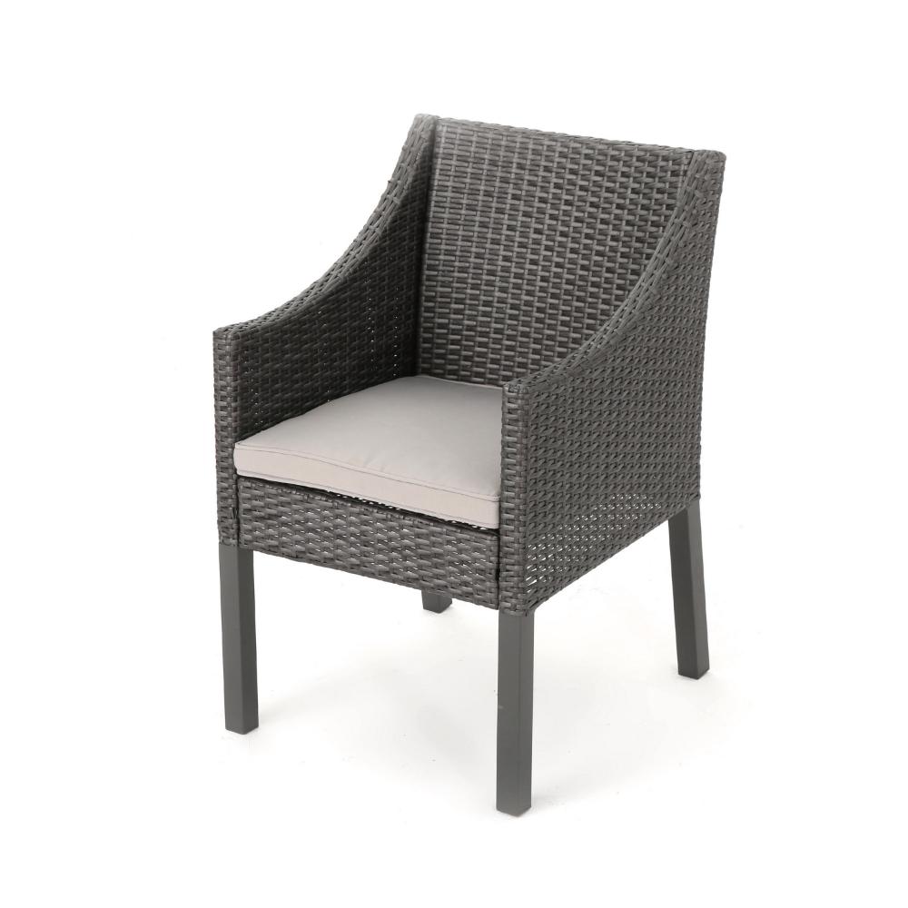 Outdoor Dining Chair, Sloped Arms, Waterproof Rattan, Gray and Silver