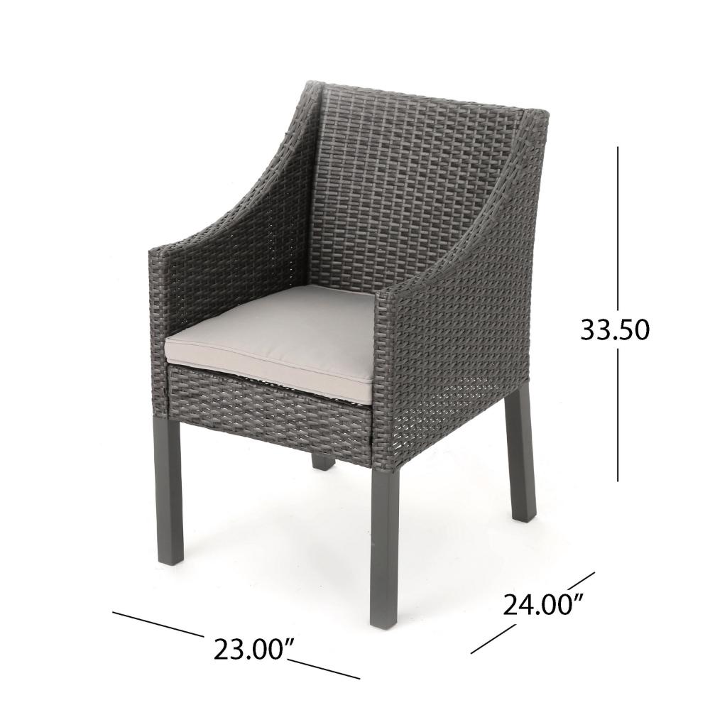 Outdoor Dining Chair, Sloped Arms, Waterproof Rattan, Gray and Silver