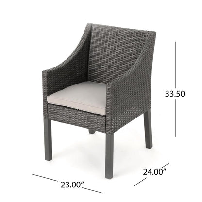 Outdoor Dining Chair, Sloped Arms, Waterproof Rattan, Gray and Silver