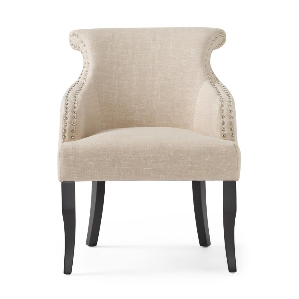 Accent Armchair, Nailhead Trim, Birch Wood, Plush Light Beige Fabric