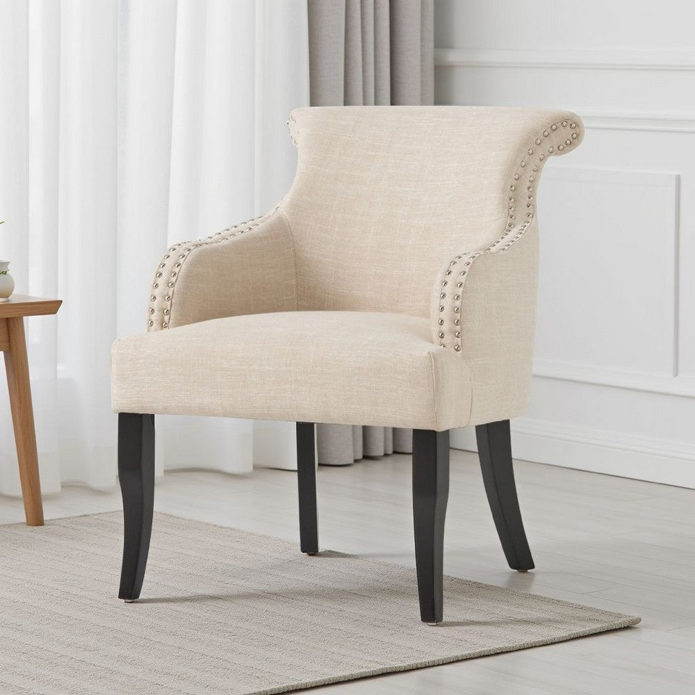 Accent Armchair, Nailhead Trim, Birch Wood, Plush Light Beige Fabric